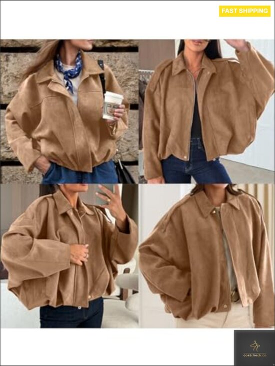 Faux Suede Bomber Jacket Cropped Zip Up Long Sleeve Trendy Y2K Outerwear with - Picture 6 of 7